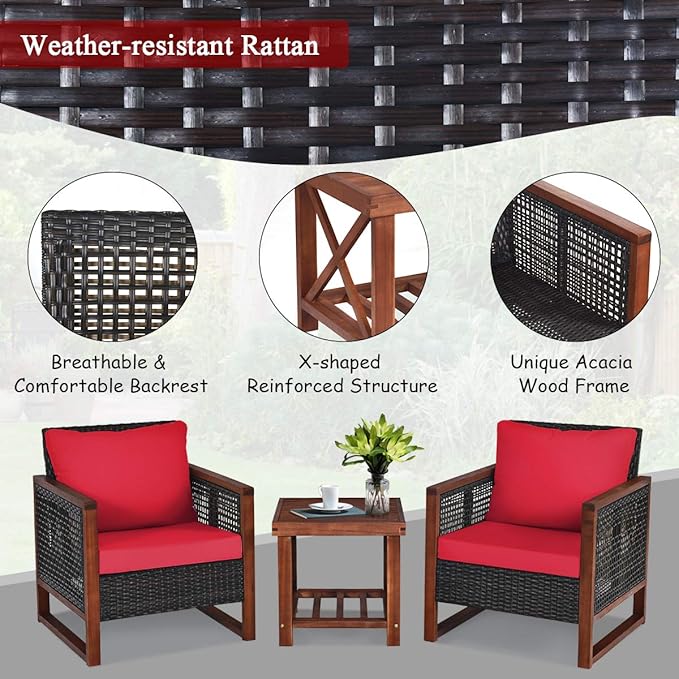 Tangkula 3 Pieces Patio Wicker Furniture Set, Rattan Outdoor Sofa Set w/Washable Cushion & Acacia Wood Coffee Table, Conversation Bistro Set for Garden Balcony Backyard (Red)