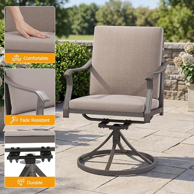 EROMMY 5-Piece Outdoor Patio Dining Set, 4 Swivel Chairs with Removable Cushions & Round Metal Table with Umbrella Hole, All-Weather Furniture for Backyard, Garden and Deck - Image 6