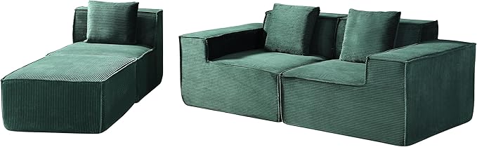 Rowan Convertible Corduroy Sectional Couch with Ottoman & Pillows, Modular L Shaped Sleeper Sofa, Boneless Cloud Couch for Living Room Furniture, Dark Green