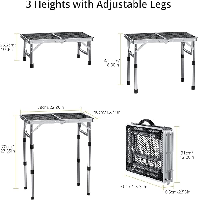 Anbte 2ft Folding Grill Table, Adjustable Height Max 27.5" Aluminum Camping Table, Heat-Resistant Tabletop, Lightweight, Portable Handle for Travel Cooking BBQ Picnic, 22.8" x 16", Silver - Image 3