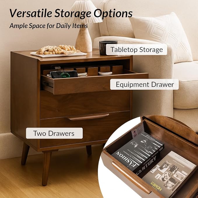 HULALA HOME 2 Drawer End Table with Pull-Out Shelf, Mid-Century Modern End Tables with Wood Legs, Wood Side Table with Charging Station(Walnut) - Image 4