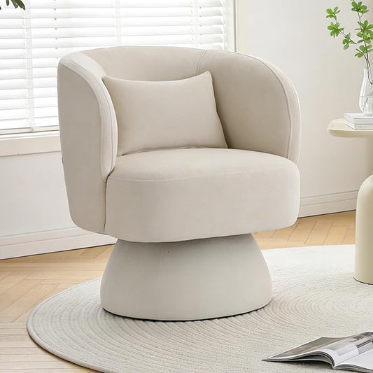ClinQ Swivel Barrel Chair with Pillow, Cloud Velvet Accent Chair, Upholstered Cuddle Reading Lounge Chair, 360° Modern Round Swivel Curved Armchair for Living Room, Bedroom, Office, White