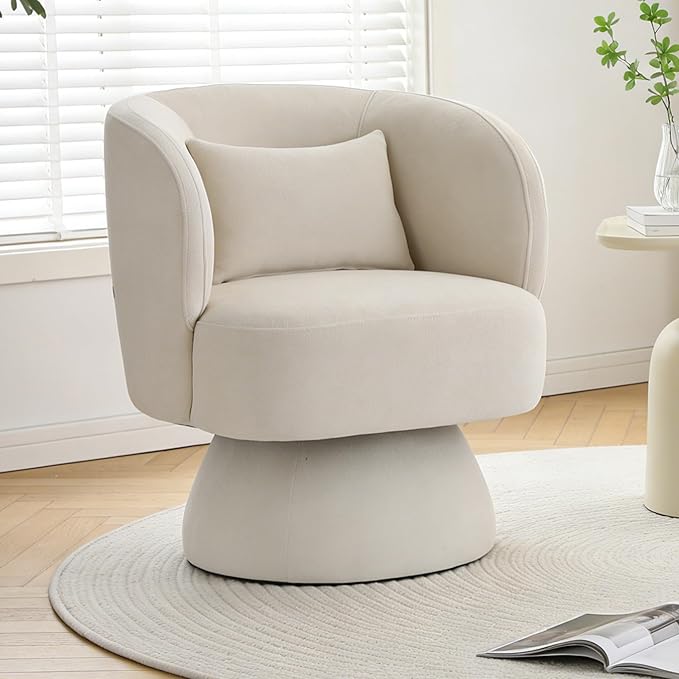 ClinQ Swivel Barrel Chair with Pillow Set of 2, Cloud Velvet Accent Chair, Upholstered Cuddle Reading Lounge Chair, 360° Modern Boucle Swivel Curved Armchair for Living Room, Bedroom, Office, White