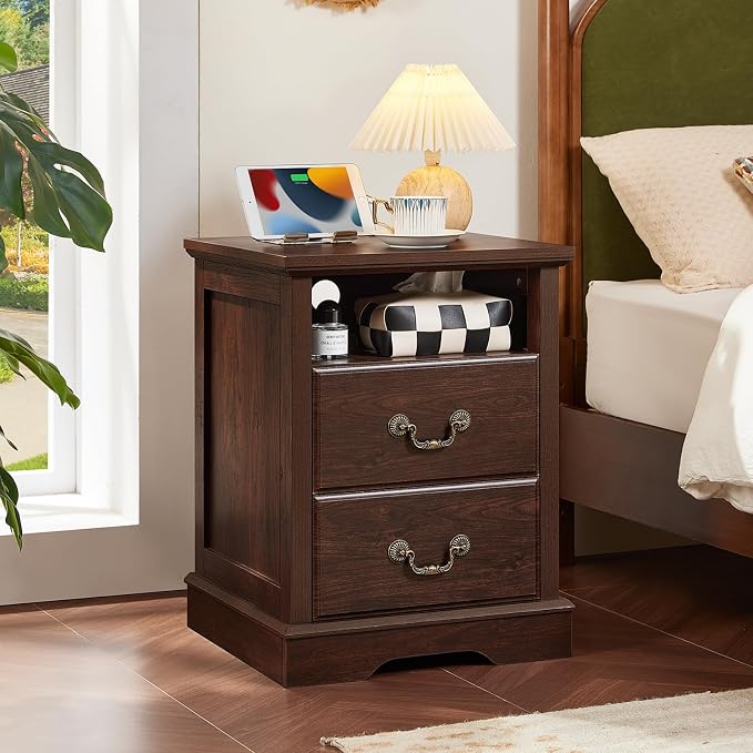 Farmhouse Nightstands Set of 2 with Charger Station, 2 Drawers Night Stand with Storage Shelf, Rustic Brown 18" Wide Wood Bedside Table, Bed Side End Tables for Bedroom, Living Room,Walnut - Image 2