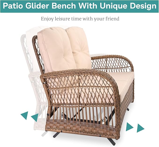 MEETWARM 7 Pieces Outdoor Patio Rattan Furniture Sets, All Weather Patio Wicker Conversation Set- 2 Rocking Glider, 2 Swivel Chairs, 1 Loveseat Glider with Cushions, 2 Glass-Top Coffee Table, Beige