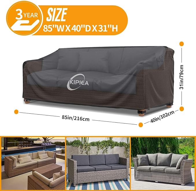 Kipiea Patio Sofa Cover, Heavy Duty Outdoor Couch Covers Waterproof Winter, 3-Seat Patio Furniture Cover Loveseat, Outdoor Sofa Covers with Anti UV and No Tears, No Fading (85"W x 40"D x 31"H) - Image 2