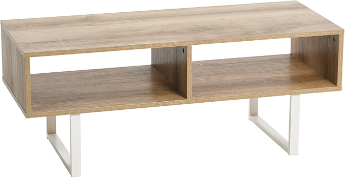 Household Essentials Jamestown TV Stand Coffee Table with Rectangular Storage Compartments Coastal Oak Rustic Wood Grain and White Metal