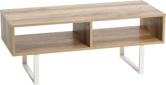 Household Essentials Jamestown TV Stand Coffee Table with Rectangular Storage Compartments Coastal Oak Rustic Wood Grain and White Metal