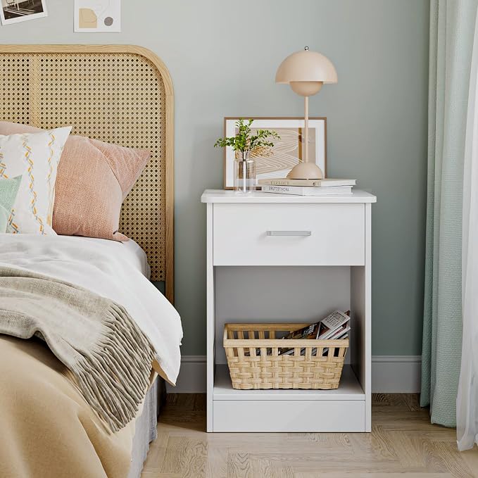 FOTOSOK Nightstand Set of 2, White Nightstand with Drawer and Storage Shelf, Bedside Table End Table, Modern Night Stand for Bedroom, Home Office,White - Image 10