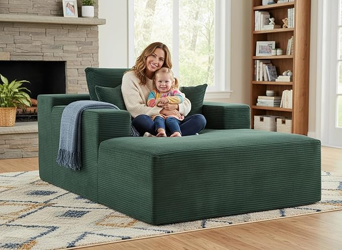 Monroe Convertible Chaise Lounge Chair Indoor – Oversized Corduroy Couch with Wide Armrest & Throw Pillows, Cozy Boneless Sleeper Sofa Bed Armchair, Dark Green