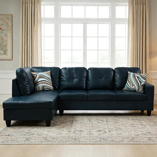 103.5 Inch Modern L-Shaped Couch, PU Leather Sectional Sofa with Chaise Lounge, 4-Seater Couch with Accent Pillows for Living Room, Apartment, Blue