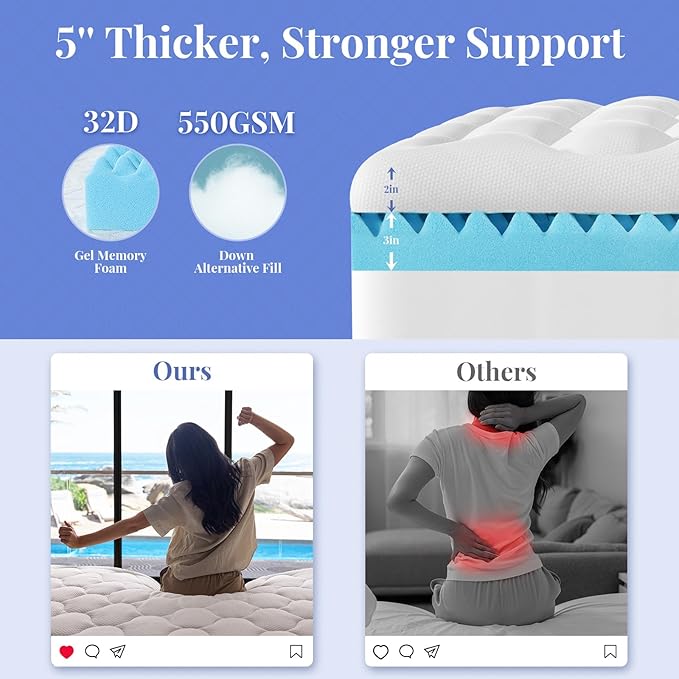 OhGeni Cooling 5 Inch Twin Size Dual Layer Mattress Topper, 3 Inch Egg Crate Gel Memory Foam, 2 Inch Soft Pillow Top Pad, Bedroom Cover for Kid Mattresses, Extra Comfortable Sleep and Back Pain Relief