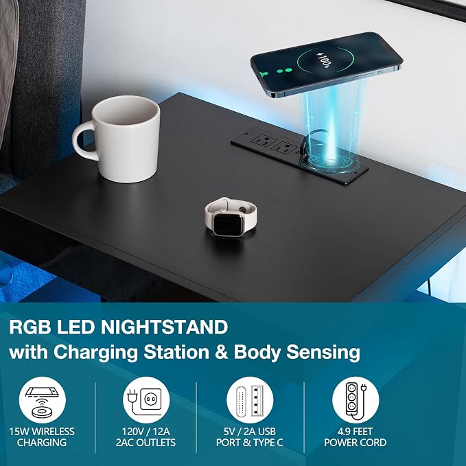 HOMMPA LED Nightstand Set of 2, Night Stand with Wireless Charging Station & USB Ports, High Gloss Bedside Table with LED Light Adjustable Brightness, Smart Nightstand 2 Drawers for Bedroom Grey - Image 4