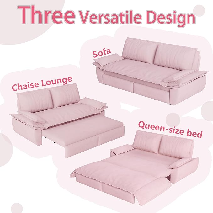73.2" Queen Size Pull Out Sofa Bed, 3-in-1 Convertible Sleeper, Velvet Loveseat for Living Room, Apartment, Bedroom Small Spaces, Pink (Mattress & Bedding Not Included)