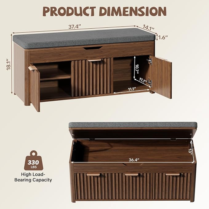 Shoe Bench with Storage - Lift Top Entryway Bench with Hidden Storage, Shoe Rack with Adjustable Shelves and Cushioned Seat, Wooden End of Bed Bench for Bedroom, Living Room and Hallway,Walnut - Image 2