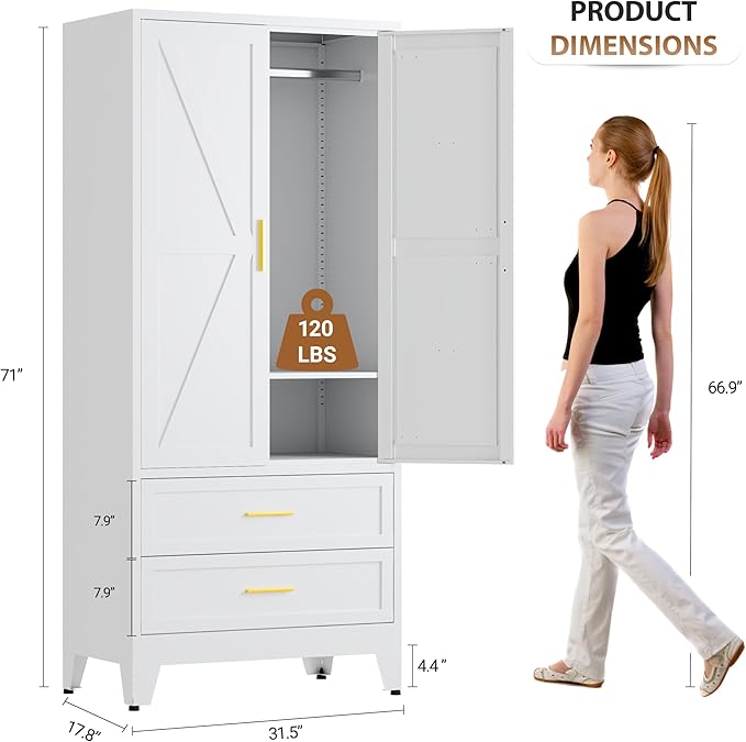Metal Armoire Wardrobe Closet with 2 Drawers, 71" Wardrobe Cabinet with 1 Adjustable Shelf & 1 Hanging Rod for Bedroom, White Metal Closet Storage Cabinet with 2 Doors & 2 Drawers