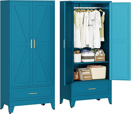 Metal Armoire Wardrobe Closet with 1 Drawer, 71" Wardrobe Cabinet with 1 Adjustable Shelf & 1 Hanging Rod for Bedroom, Blue Metal Closet Storage Cabinet with 2 Doors & Drawers