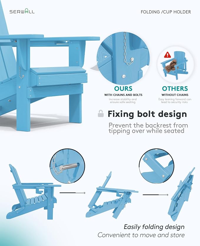 SERWALL Adirondack Chair with Cup Holders - Composite Adirondack Chairs Set of 4 HDPE Outdoor Chairs All Weather Use- Light Blue - Image 6