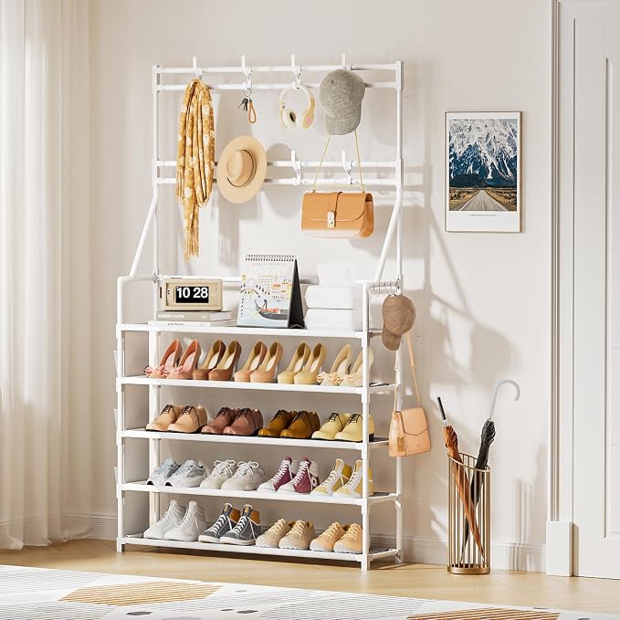 OYREL Shoe Rack 5 Tier Shoe Racks Organizer 20-25 Pairs Shoes Rack for Closet Entrance Shoe Storage Shelf with Hooks and Side Pocket Entryway Shoe Holder Space Saving Free Standing Shoe Racks - Image 7