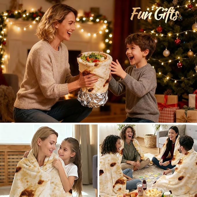 Burrito Tortilla Throw Blanket, 2.0 Double Sided Burritos Taco Tortilla Wrap Blankets for Adults Kids, Giant Funny Realistic Food Blankets, Soft Flannel Round Throw Blanket 60in