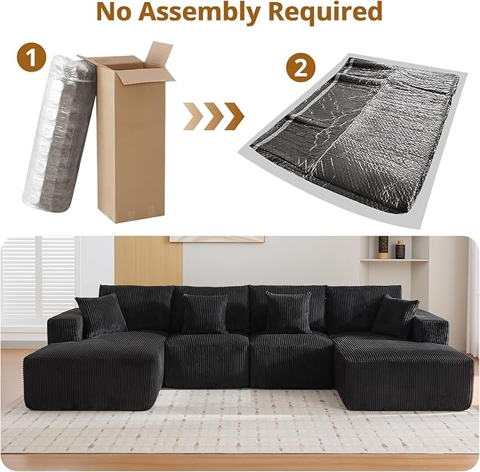 Cloud Boneless Couch 137" Modern Sectional U-Shaped Comfy No Assembly Required Convertible Compression Sleeper Modular Sofa with Corduroy Fabric Deep Seat Single + Chaise for Living Room