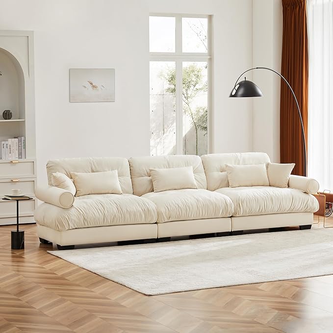 KEIKI 130" Oversized Velvet Modular Sectional Sofa with High-Density Foam Cushion and Bolstered Armrests, Upholstered Modern Style 3-Seater Cloud Couch with 5 Pillow, for Apartment, Living Room, Cream