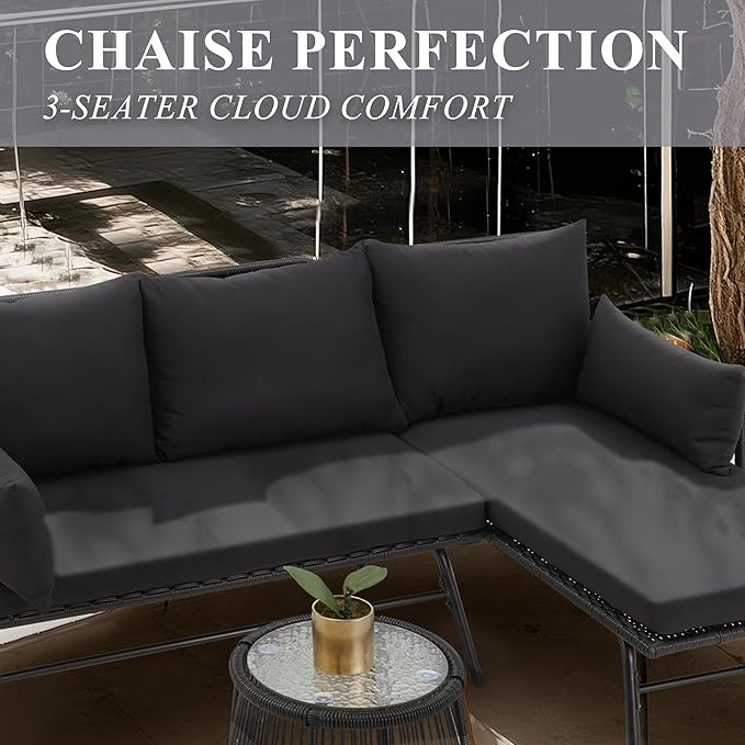 Bezseller 3-Piece Outdoor Patio Furniture Set – L-Shaped Rattan Sectional Sofa with Detachable Lounger, Glass Coffee Table & 4" Cushions – All-Weather PE Wicker for Backyard, Porch, Poolside