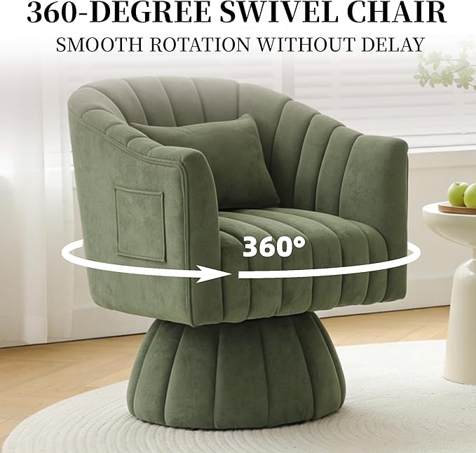 ClinQ Swivel Barrel Chair with Pillow & Side Pocket Set of 3, 360° Cloud Velvet Round Swivel Accent Chair, Cuddle Reading Lounge Chair for the Living Room, Bedroom, Office, Green-Vertical Stripes