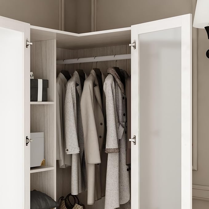 L-Shape Wardrobe Armoire Closet with Hanging Rod & Shelf, Bedroom Armoire with Frosted Glass Doors, Clothes Wardrobe with Gold Knob, Wood Grain, 35.4”D x 35.4”W x 70.9”H