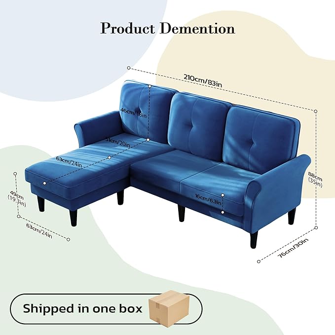 Sectional Couches for Living Room, 83" Velvet Modern 3 Seater Sofa, L Shaped Couch with Ottoman, Small Sectional Couch Sofas for Living Room, Bedroom, Apartment, Office, Blue Sofa