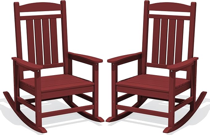 KINGYES Oversized Outdoor Rocking Chair Set of 2, HDPE Patio Rocking Chairs with 330lbs Support for Adults, Dark Red by KINGYES