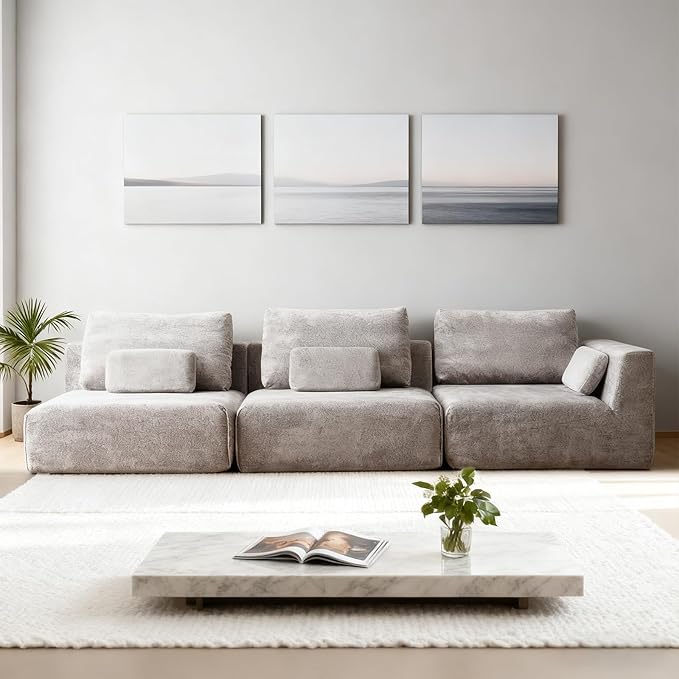 Modular Sectional Sofa, 3-Piece Grey Plush Velvet Couch Loveseat, No-Assembly Compressed Deep-Seat 3-Seat for Living Rooms Apartments Family Spaces