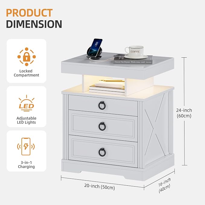 Gurexl Farmhouse Night Stand with Lockable Gun Drawer,LED Nightstand with Charging Station,Bedside Table with Human Sensor 3-Color Lights,End Table with 3 Drawers,Bedroom,White - Image 2