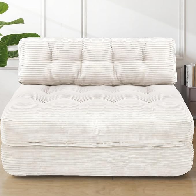 Folding Sofa Bed, Convertible Sleeper Chair with Pillow & Handle, Foldable Mattress Futon Chair Bed Lounge with Back Support, Comfy Floor Sofa for Living Room Bedroom, Beige, Full