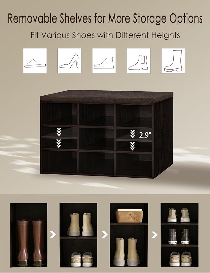 DINZI LVJ Shoe Bench, 9 Cubbies Shoe Organizer for Entryway, Storage Bench with Cushion, Cubby Shoe Rack with Adjustable Shelves for Living Room, Bedroom, Mudroom, Hallway, Espresso - Image 4