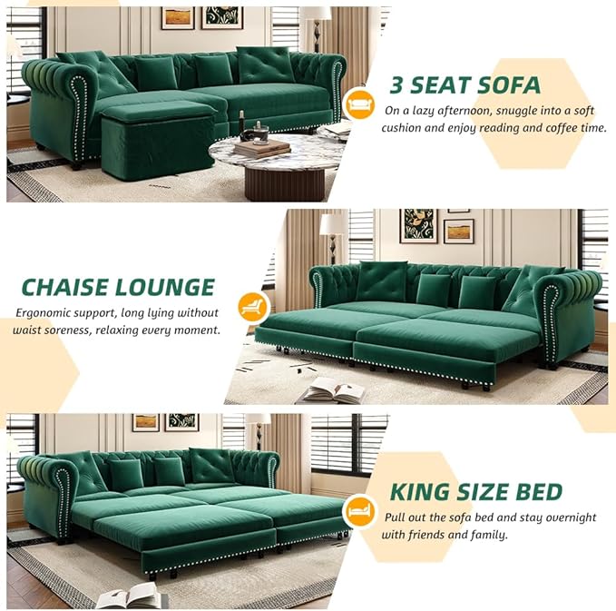 Eafurn 3 in 1 Oversized Chesterfield Loveseat Sofa Convertible Pull Out Sleeper Sofabed King Size Couch Bed w/Movable Ottoman and Nailhead Trim for Living Room Tufted Velvet Recliner Daybed Sofacama