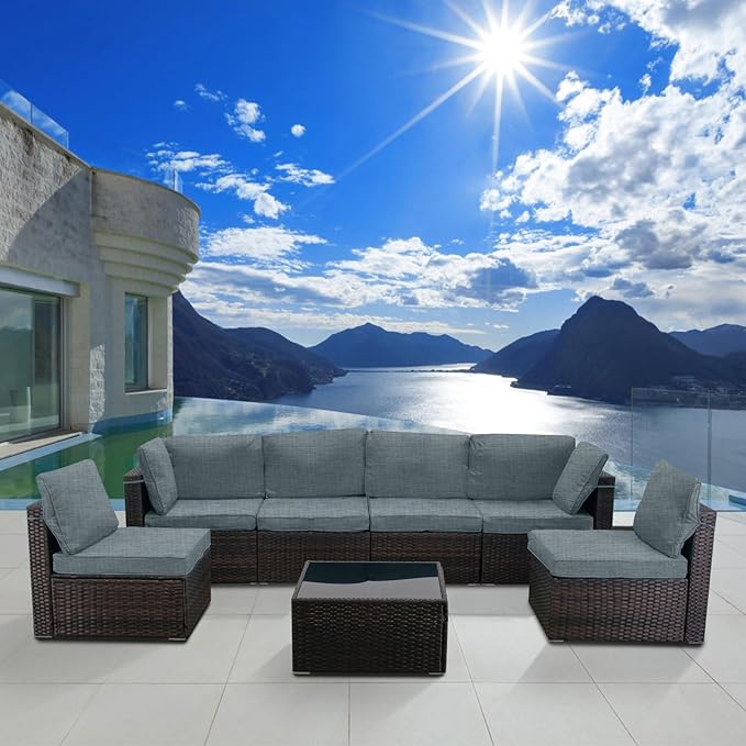 CHABATREE 7 Pieces Outdoor Patio Furniture Sets,Rattan Conversation Sectional Set,Manual Weaving Wicker Patio Sofa with Tea Table