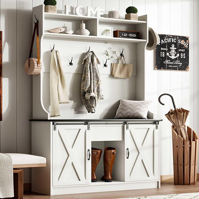 4ever2buy Farmhouse Hall Tree with Bench 5-in-1 Entryway Bench with Coat Rack with Sliding Barn Doors Entryway Coat Rack with Shoe Storage White by 4ever2buy