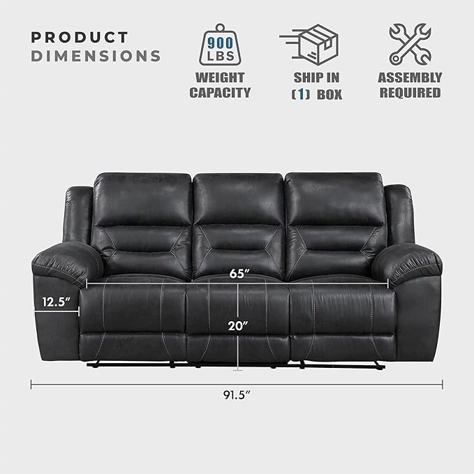 Lexicon Double Recliner Sofa for Living Room, Wall Hugger Manual Reclining Couch Sofa, Textured Microfiber Upholstered Dual Reclining Sofa, Home Theater Seating, Required Assembly, Black