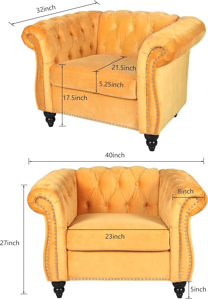 LEVNARY Velvet Chesterfield Armchair, Modern Sofa Chair with Button Tufted Backrest, Tufted Upholstered Rolled Chair for Home Reading Room (Yellow)