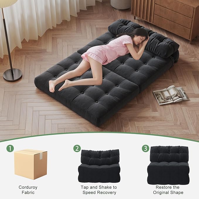 GarveeHome Folding Sofa Bed, Floor Folding Couch with Pillow, Futon Sofa Bed Convertible Sleeper Chair Foldable Mattress Back Support, Portable Fold Out Couch, Full, Corduroy, Black