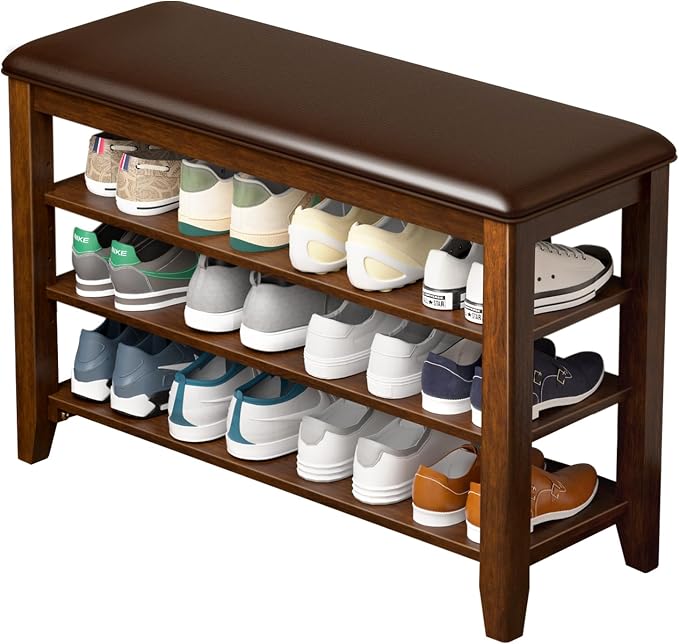 Entryway Shoe Storage Bench with Leather Cushion, Shoe Organizer Bench for Entryway, Ideal for Hallways Front Doors Entrances Mudrooms Featuring Rubberwood And 3 Height-Adjustable and Removable Shelve by Taitiy