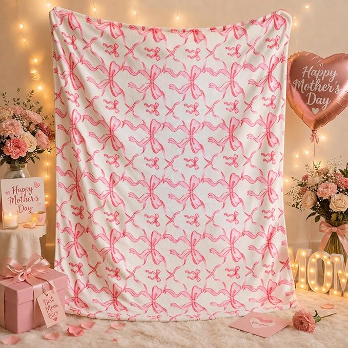 Pink Bow Throw Blanket –Spring Mother's Day Soft Fleece Blanket for Girls and Women, Coquette Aesthetic Room Decor for Bed, Couch, Chair, Preppy Bedroom or Gift, Cute Pink Bow Decor Blanket