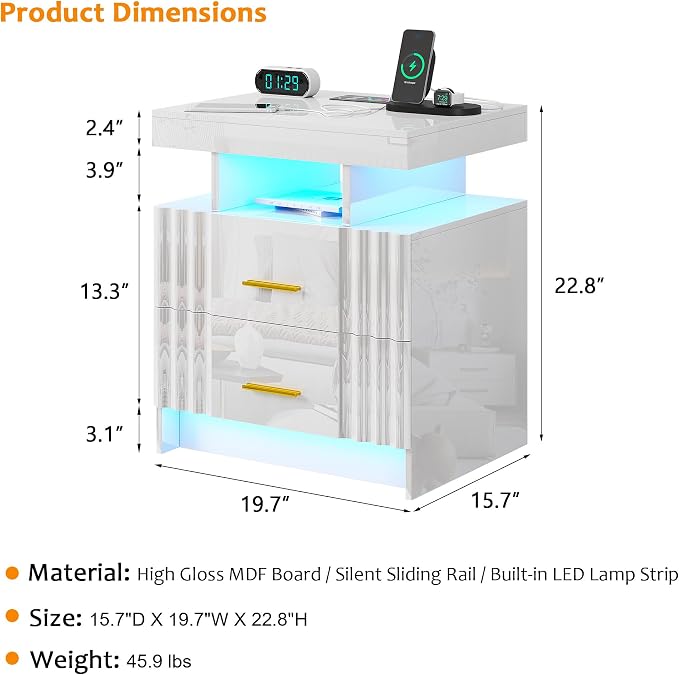 Nightstand with Charging Station, White LED Night Stand with 2 Drawers, High Gloss Bedside Table with Auto Sensor 24-Color Lights/Wireless/Type-C/USB Charging for Bedroom - Image 2