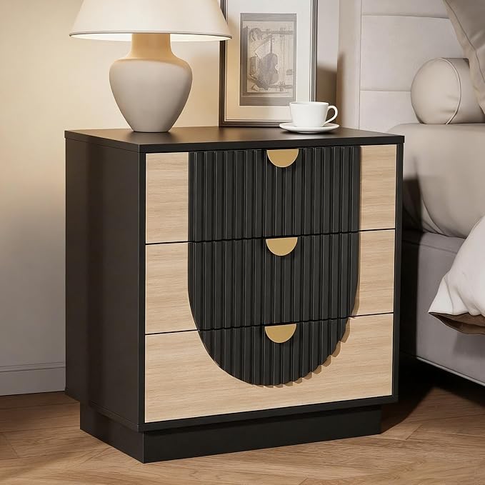 3 Drawer Nightstand with Charging Station,28" Fluted Night Stand & Modern Bedside Table, Wood End Table Storage Cabinet for Bedroom Hallway, Entryway,Black Set of 2 - Image 7