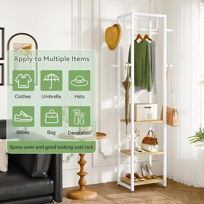 IBUYKE Coat Rack with Shelves, Freestanding Hall Tree with 3 Shelves and 8 Hooks, Industrial Clothes Stand for Entryway, Hallway, Bedroom, Natural UTMJ088R - Image 2