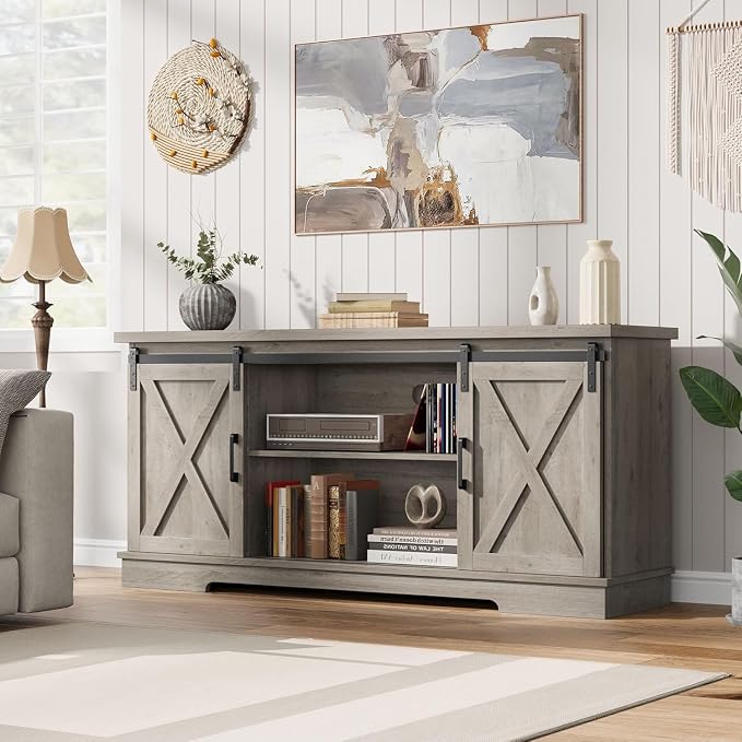 IDEALHOUSE Farmhouse TV Stand for 65 Inch TV, Entertainment Center with Sliding Barn Doors and Adjustable Shelves, TV Stand with Storage, Modern Storage Media TV Console for Living Room Bedroom, Grey - Image 8