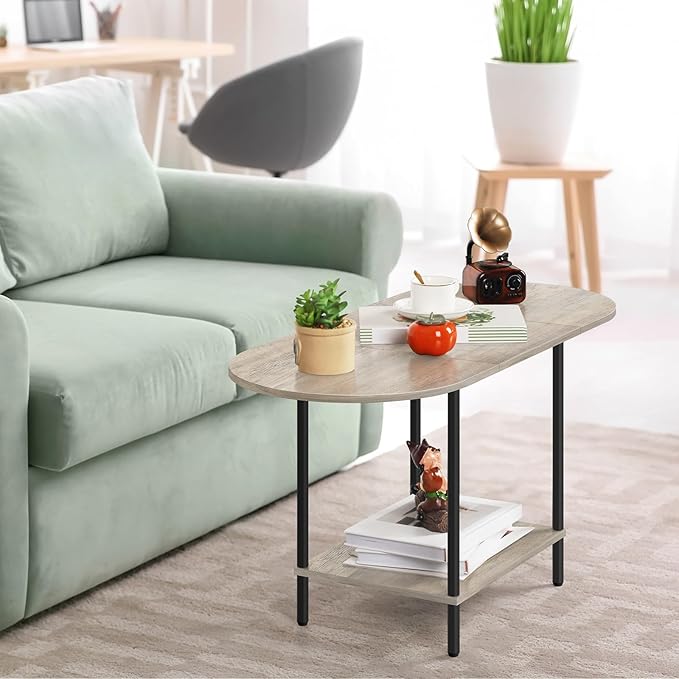 ETELI Round Coffee Table for Small Space Farmhouse Oval Coffee Table with 2-Tier Shelf Circle Center Tea Table for Living Room, Grey