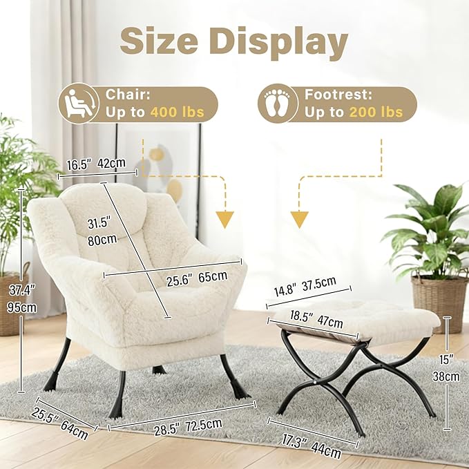Lazy Chair and Ottoman, Large Plush Beige Contemporary Accent Chair with a Side Pocket, Modern Leisure Upholstered Reading Armchair with Footrest for Office, Bedroom, Living Room, Balcony