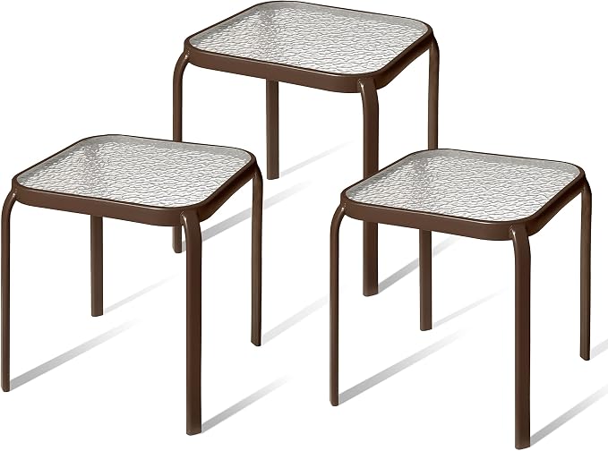 Bronze Metal Outdoor Side Table with Tempered Glass Top Set of 3 – Elegant Small 16" Square Patio Table – Durable Weather-Resistant Coffee Bistro Accent End Table for Outside and Garden by PROLISOK